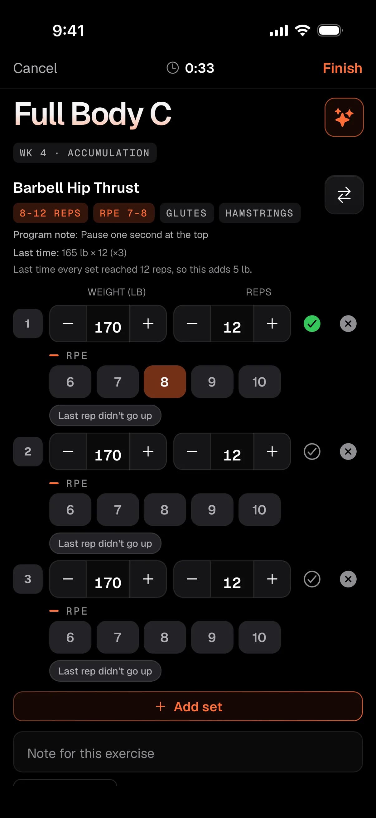 A strength session in progress on iPhone: Full Body C, Barbell Hip Thrust, 8 to 12 reps. Last time 165 lb for 12 on all three sets, so the app adds 5 lb. Set 1 is logged at 170 lb for 12 at effort 8, and sets 2 and 3 are pre-filled at 170 lb for 12.