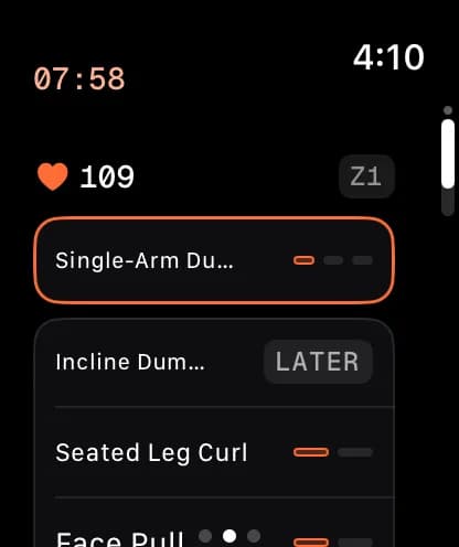Today's order on Apple Watch, mid-session: Single-Arm Dumbbell Row is now. Incline Dumbbell Press, passed over, is marked Later, and Seated Leg Curl and Face Pull come after. Heart rate 109.