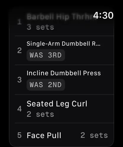 The order you did it, on the workout summary: Barbell Hip Thrust first, then Single-Arm Dumbbell Row (planned third), Incline Dumbbell Press (planned second), Seated Leg Curl and Face Pull, with their set counts.