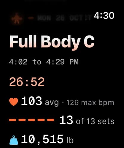The workout summary on Apple Watch: Full Body C, 4:02 to 4:29 PM, 26:52, heart rate 103 average and 126 maximum, 13 of 13 sets, 10,515 lb.