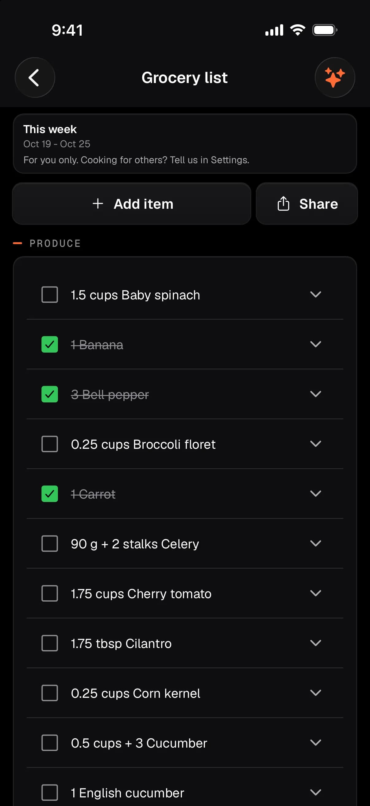 The grocery list on iPhone for the week of 19 to 25 October, merged from the meal plan. Produce: baby spinach, banana, bell pepper, broccoli, carrot, celery, cherry tomato, cilantro, corn, cucumber. Banana, bell pepper and carrot are checked off.