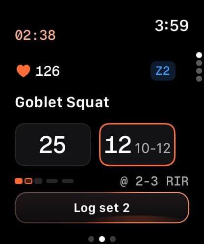 Strength logging on Apple Watch: Goblet Squat, set 2 of 3. The weight is filled in at 25 lb and the reps at 12, with the plan's range of 10 to 12 beside them, a target of 2 to 3 reps in reserve, the session time 2:38, heart rate 126 in zone 2, and a Log set 2 button.