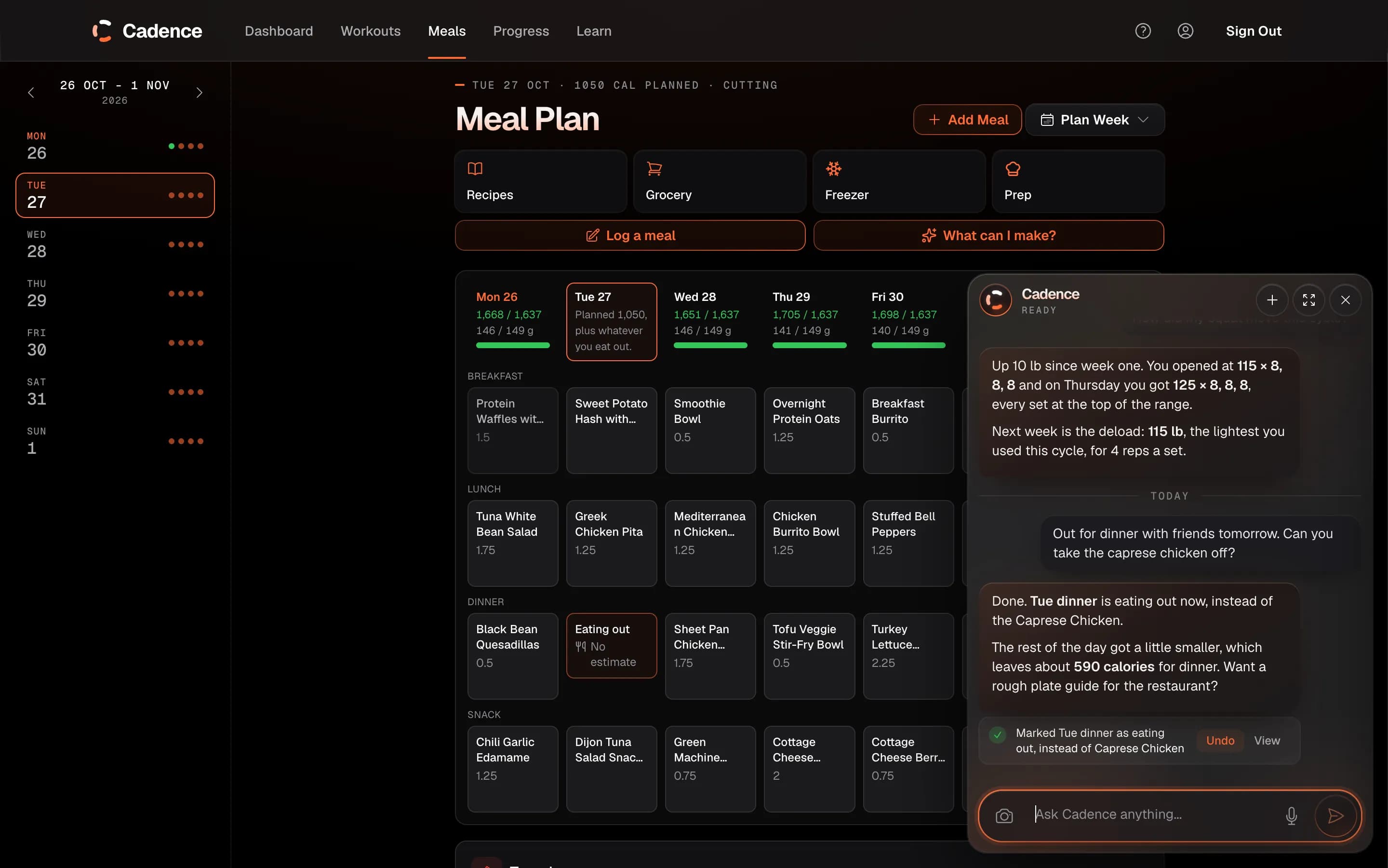The coach panel open over the Meals page on the web, Tuesday 27 October selected with dinner as eating out. Cadence answers how the squat moved this cycle and that next week's deload is 115 lb for 4 reps a set, then marks Tuesday dinner as eating out instead of the Caprese Chicken and says about 590 calories are left. A receipt shows Undo and View, above the message box.